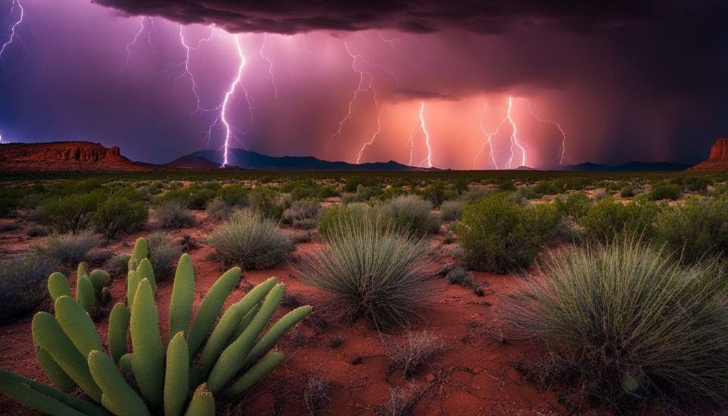 Lightning over a desert with cactus and cactus plants.