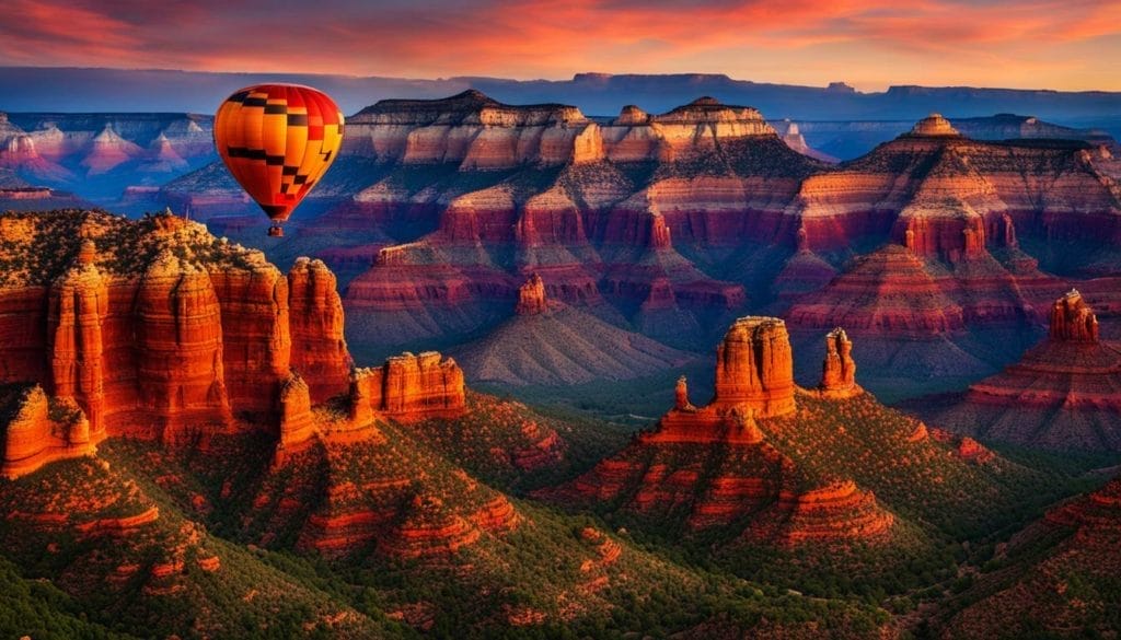 A hot air balloon flies over the red rocks of the grand canyon.