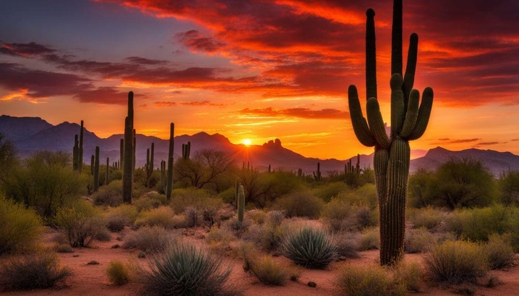 Saguaro cactus in the desert at sunset.