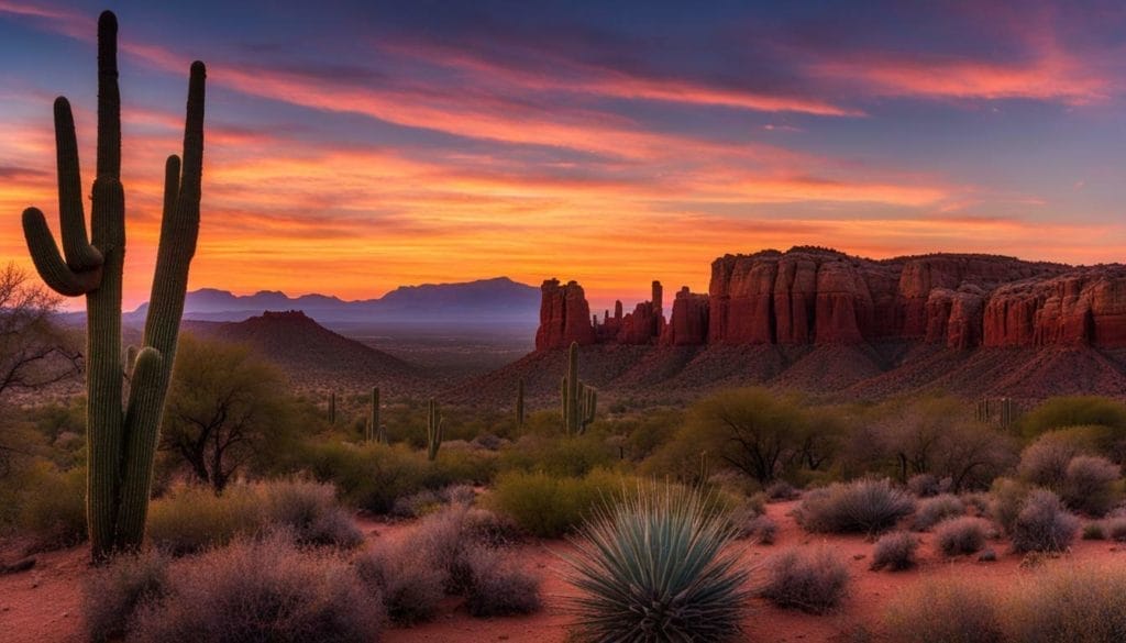 Saguaro cactus at sunset in sedona, arizona.
