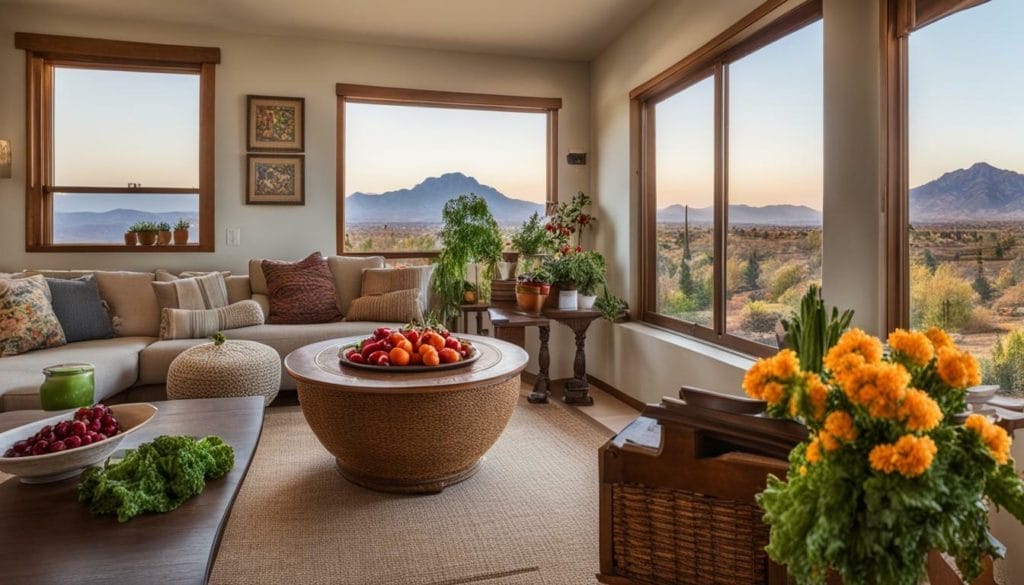 A living room with large windows overlooking the mountains.