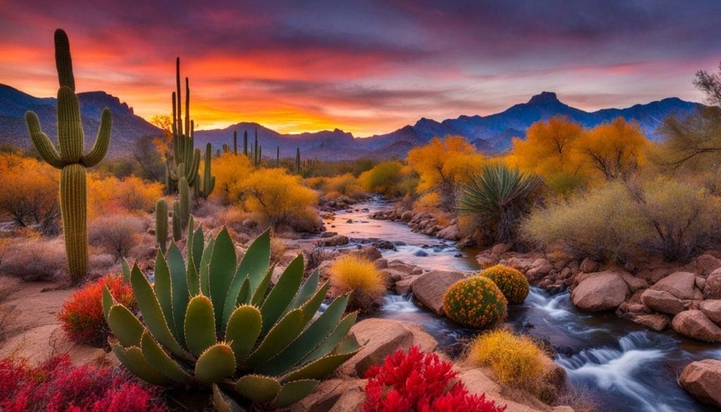 Saguaro cactus at sunset in arizona.